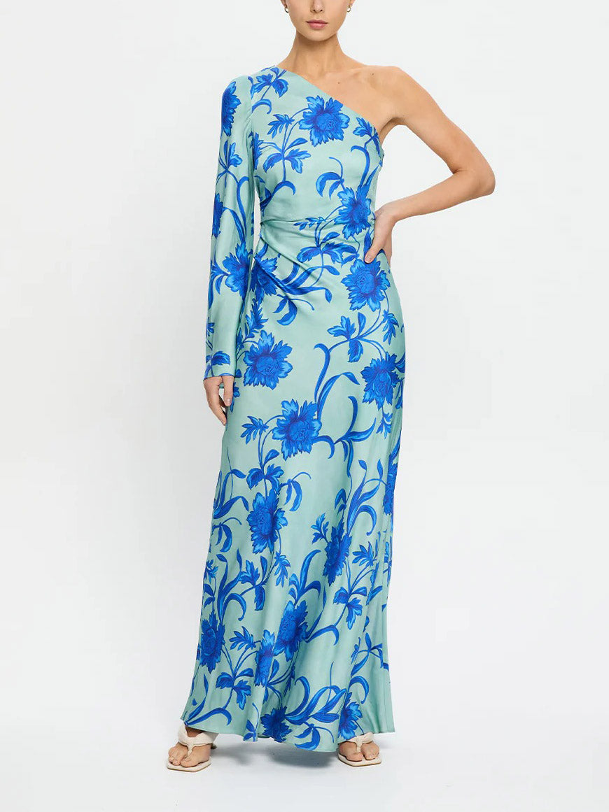 Elegant One-shoulder Floral Eye-catching Slim-fit Maxi Dress Blue
