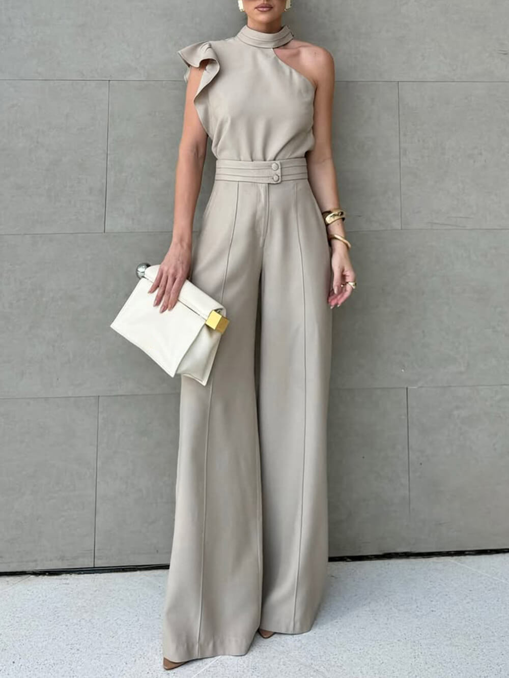 Casual Ruffle Sleeve Halter Top With Simple Solid Color Straight Pants Set Apricot