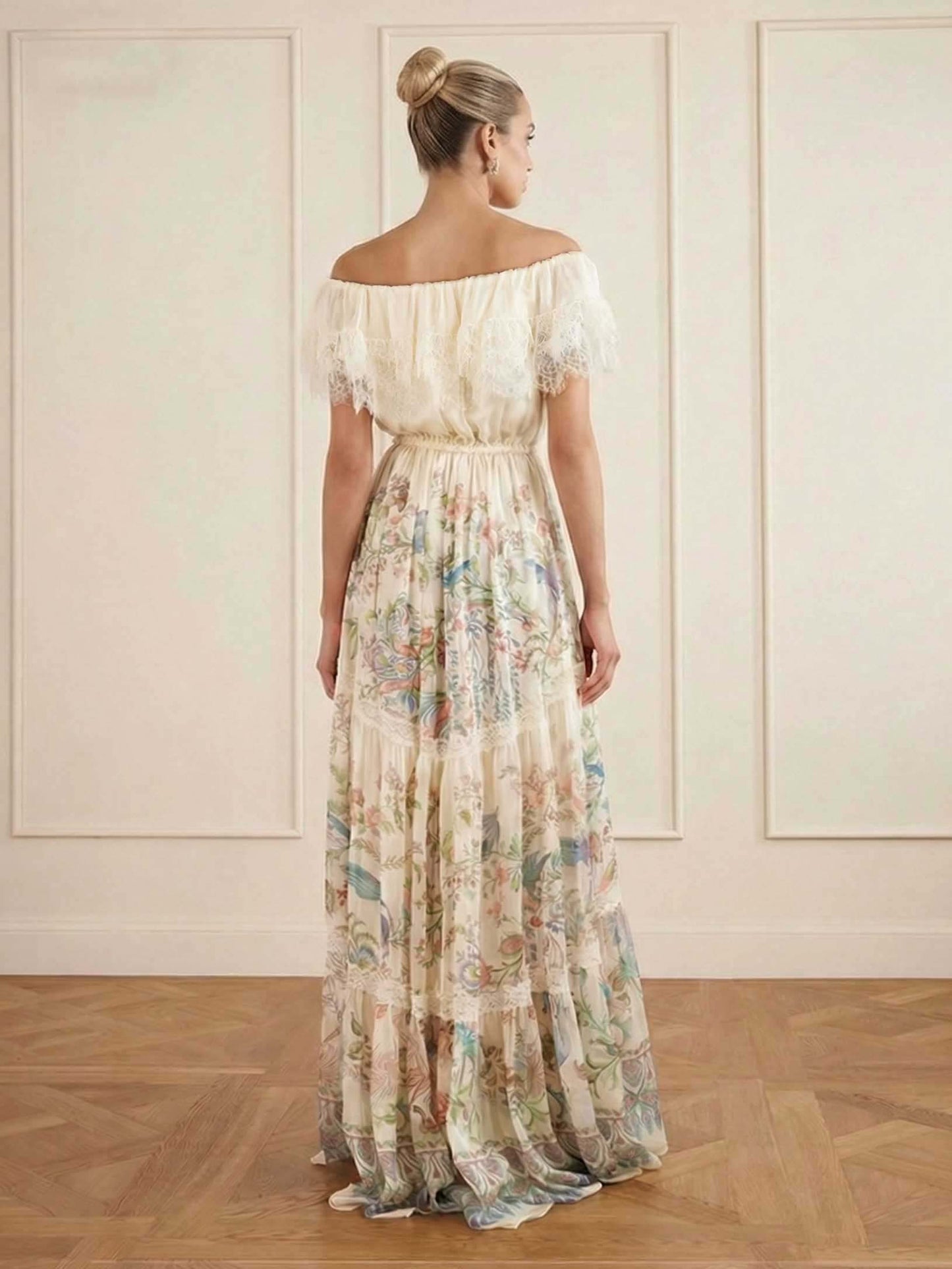 Bohemian Floral Bird Print Off-Shoulder Tiered Maxi Dress