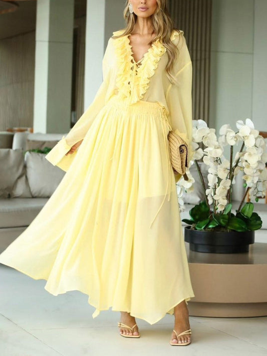 Elegant Ruffled V-Neck Chiffon Blouse