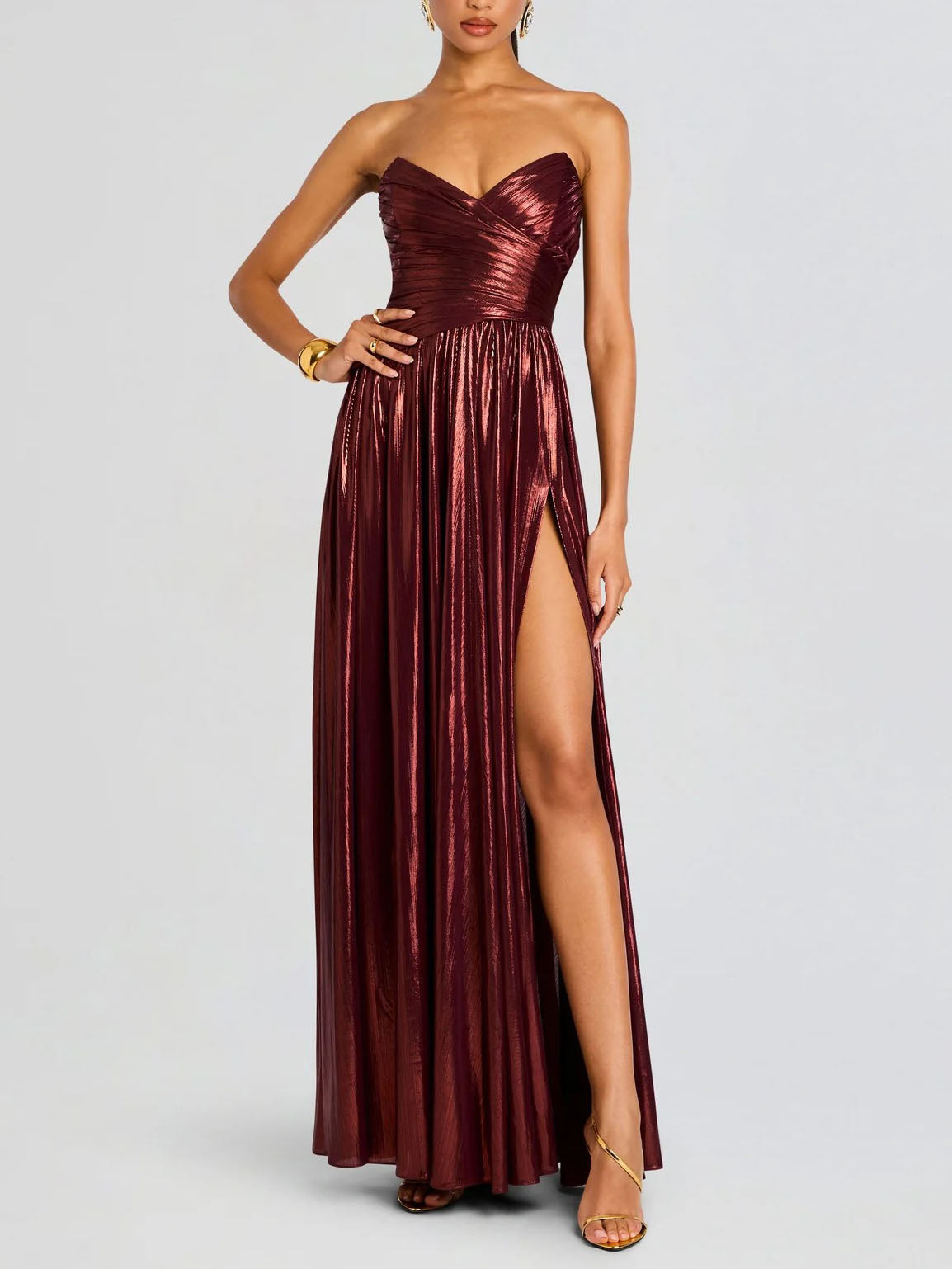 Elegant Strapless Metallic Pleated Floor-length Maxi Dress Red