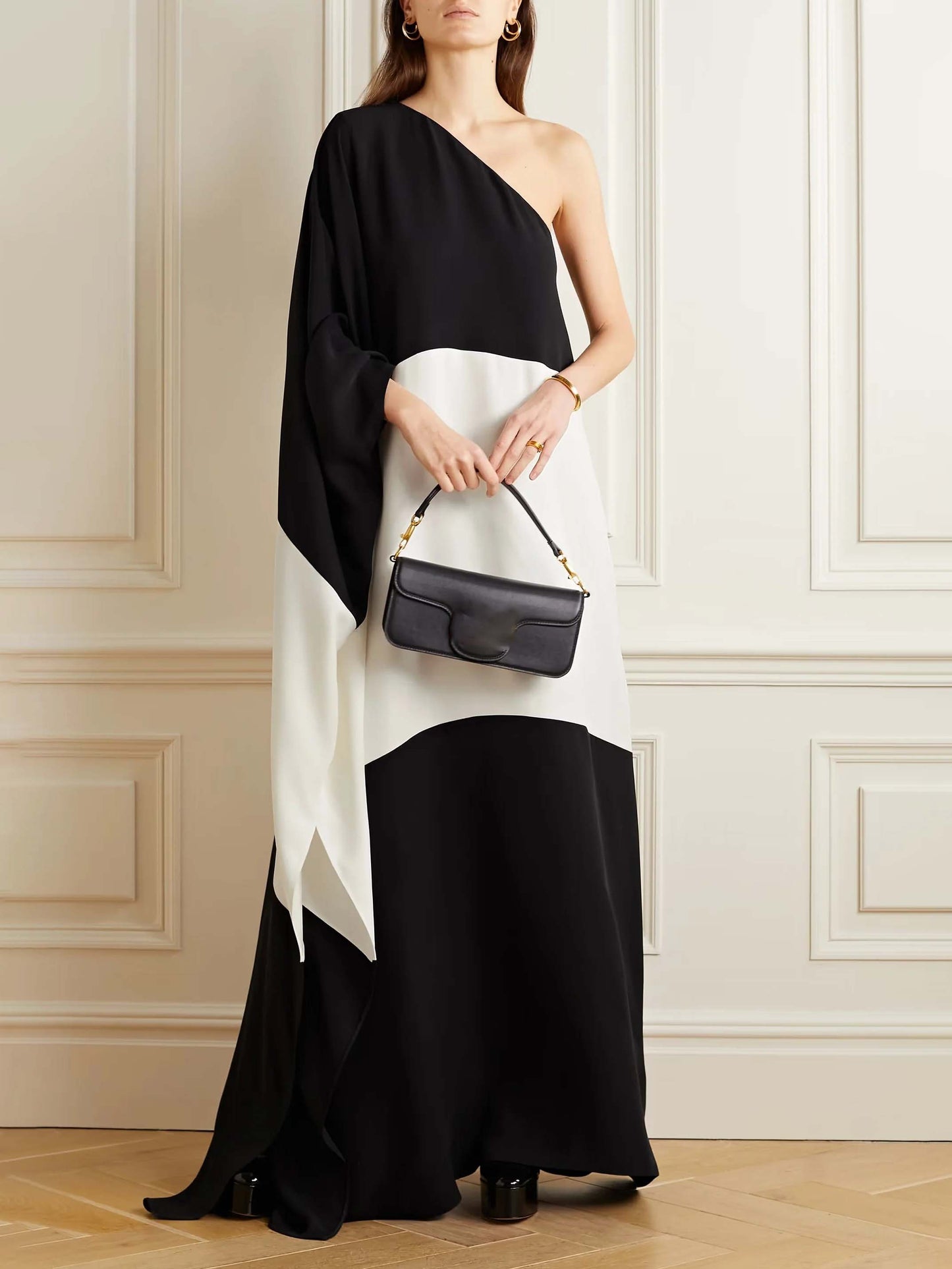 Elegant One-Shoulder Color-Block Draped Maxi Dress Black