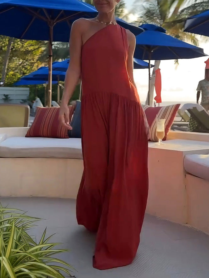 Casual One-shoulder Neckline Low-waist Pleated Maxi Dress Red