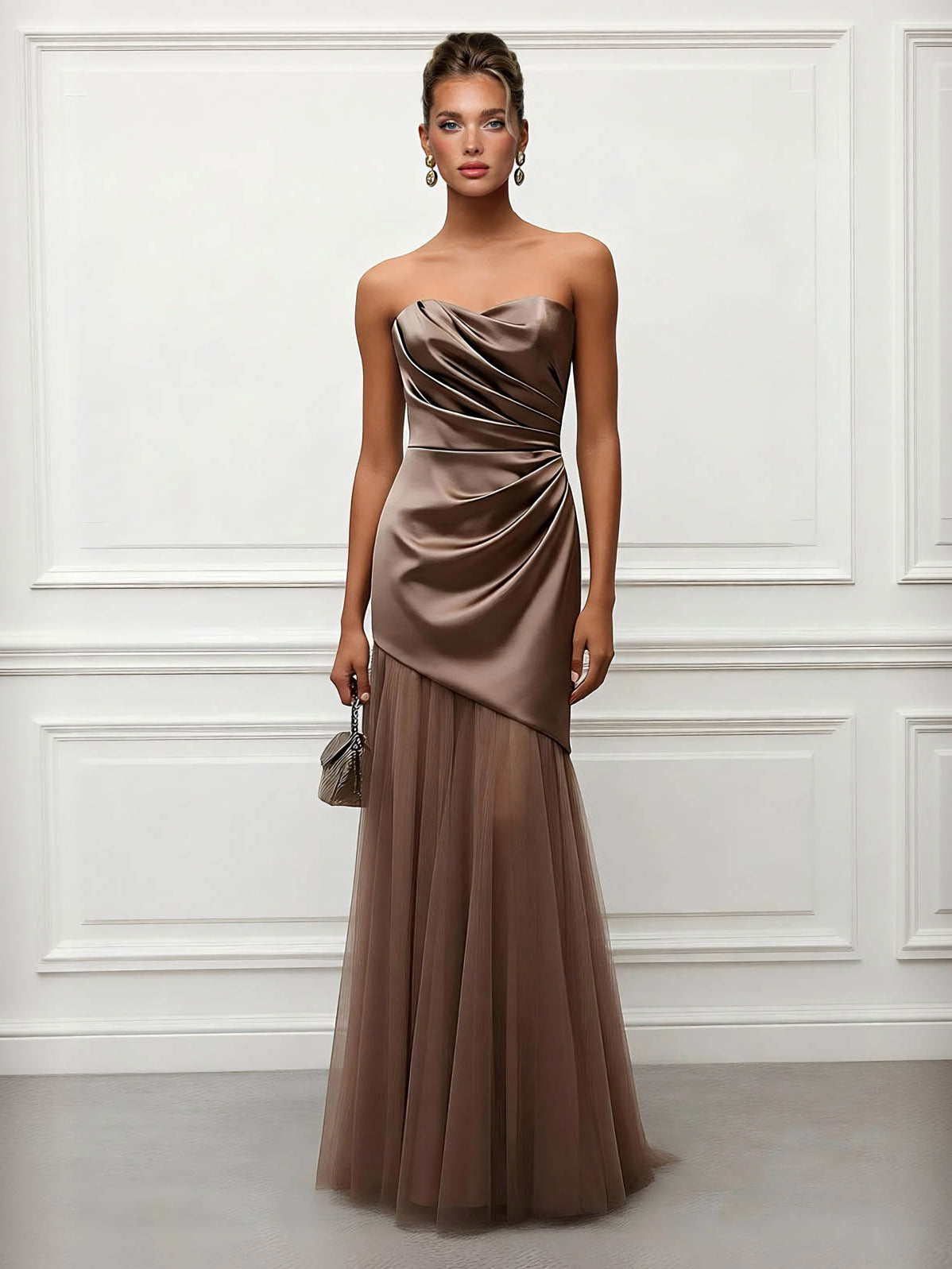 Elegant Strapless Draped Satin Evening Gown Maxi Dress Brown