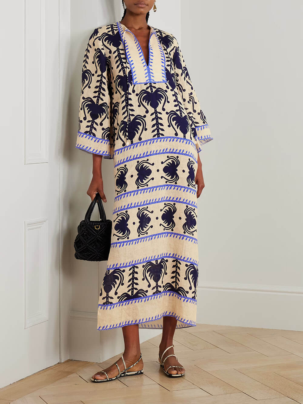 Unique Vintage Wildflower Print Linen Split Midi Dress Cream