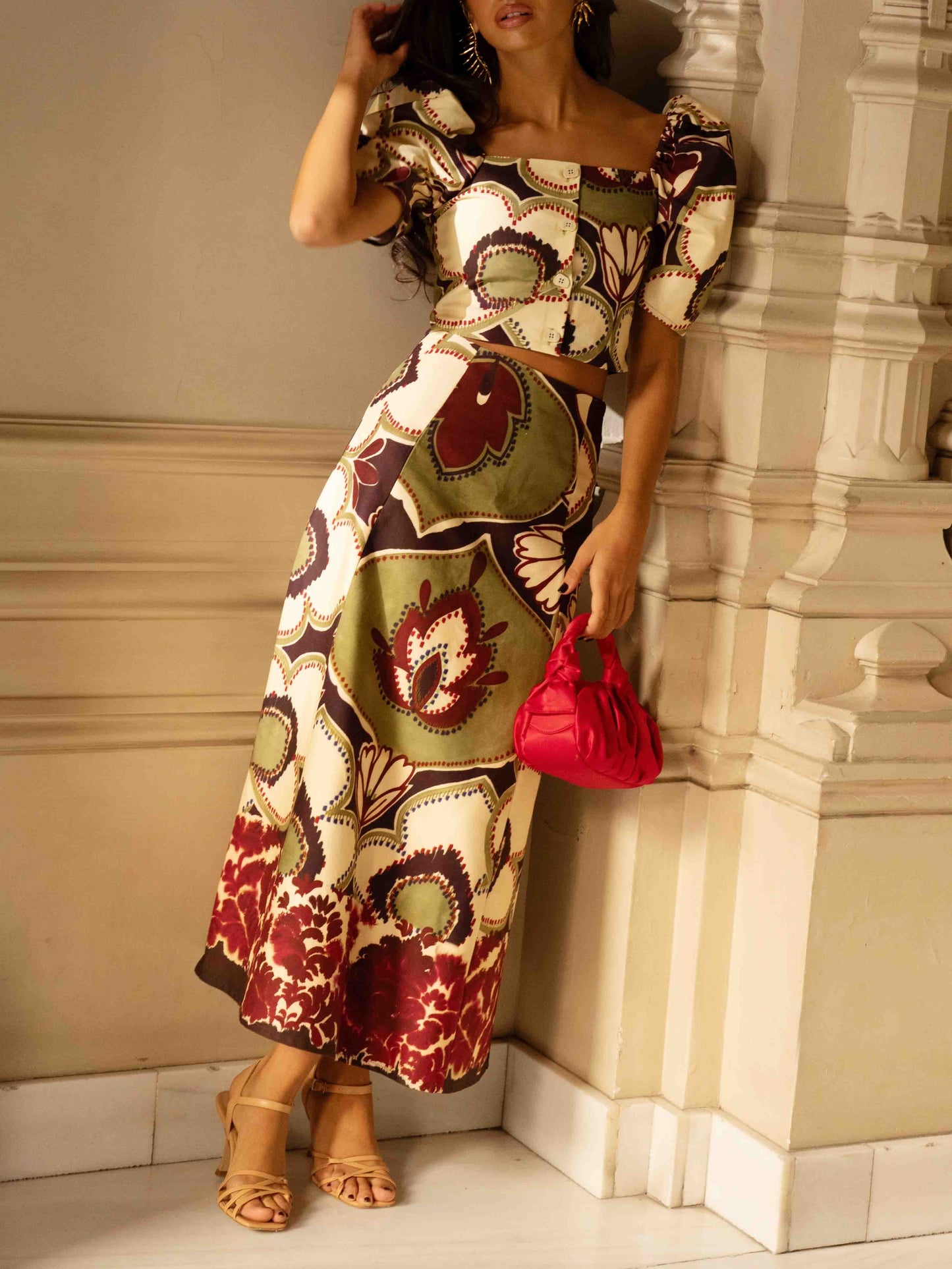 Elegant Retro Floral High-Waist A-Line Midi Skirt Green Suit