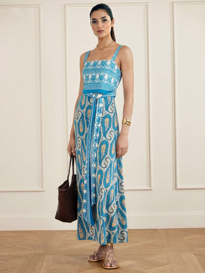 Exquisite Paisley Print Square Neck Maxi Dress Blue