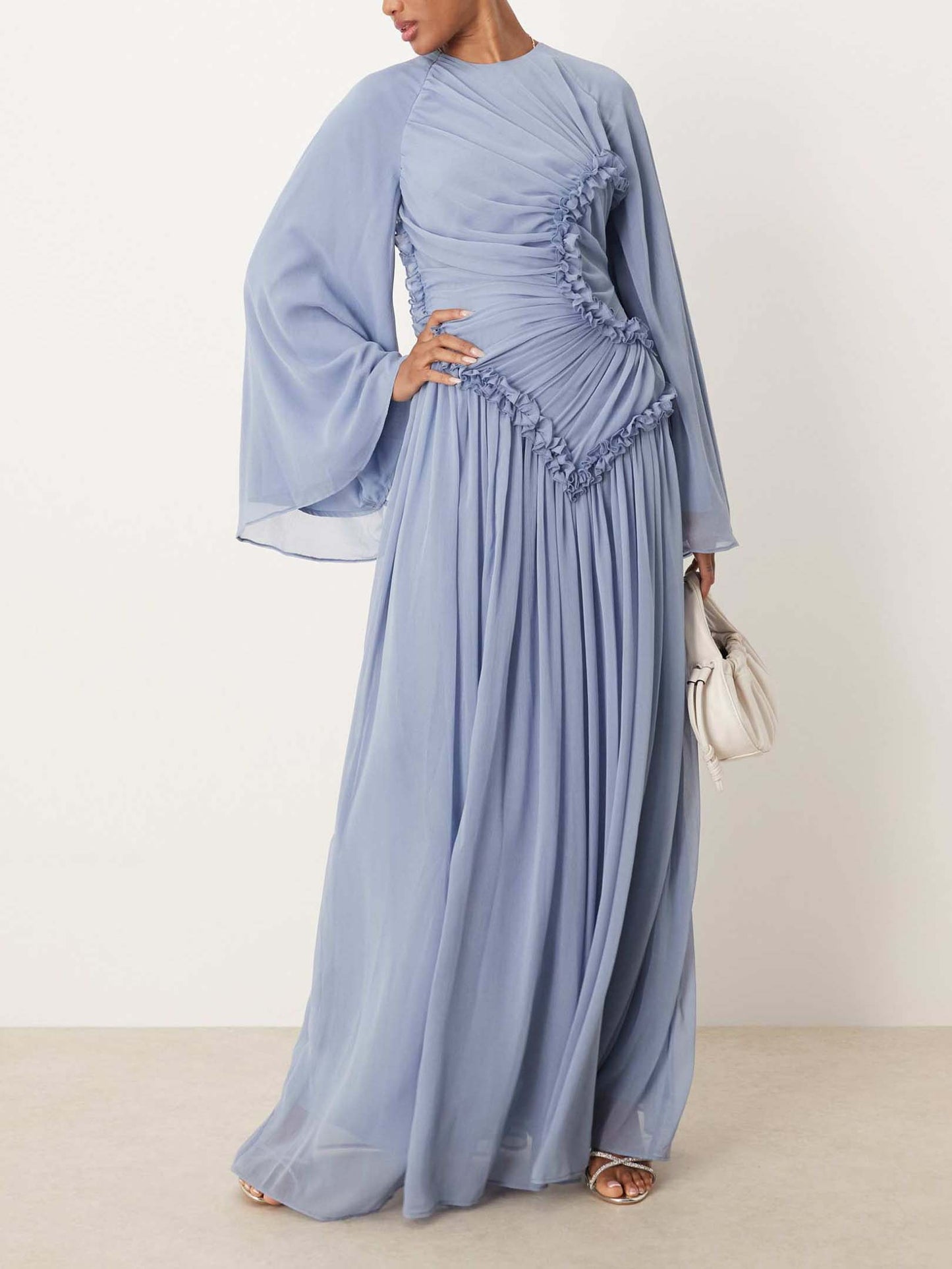 Elegant Pleated Ruffle-Trim Chiffon Maxi Dress Blue