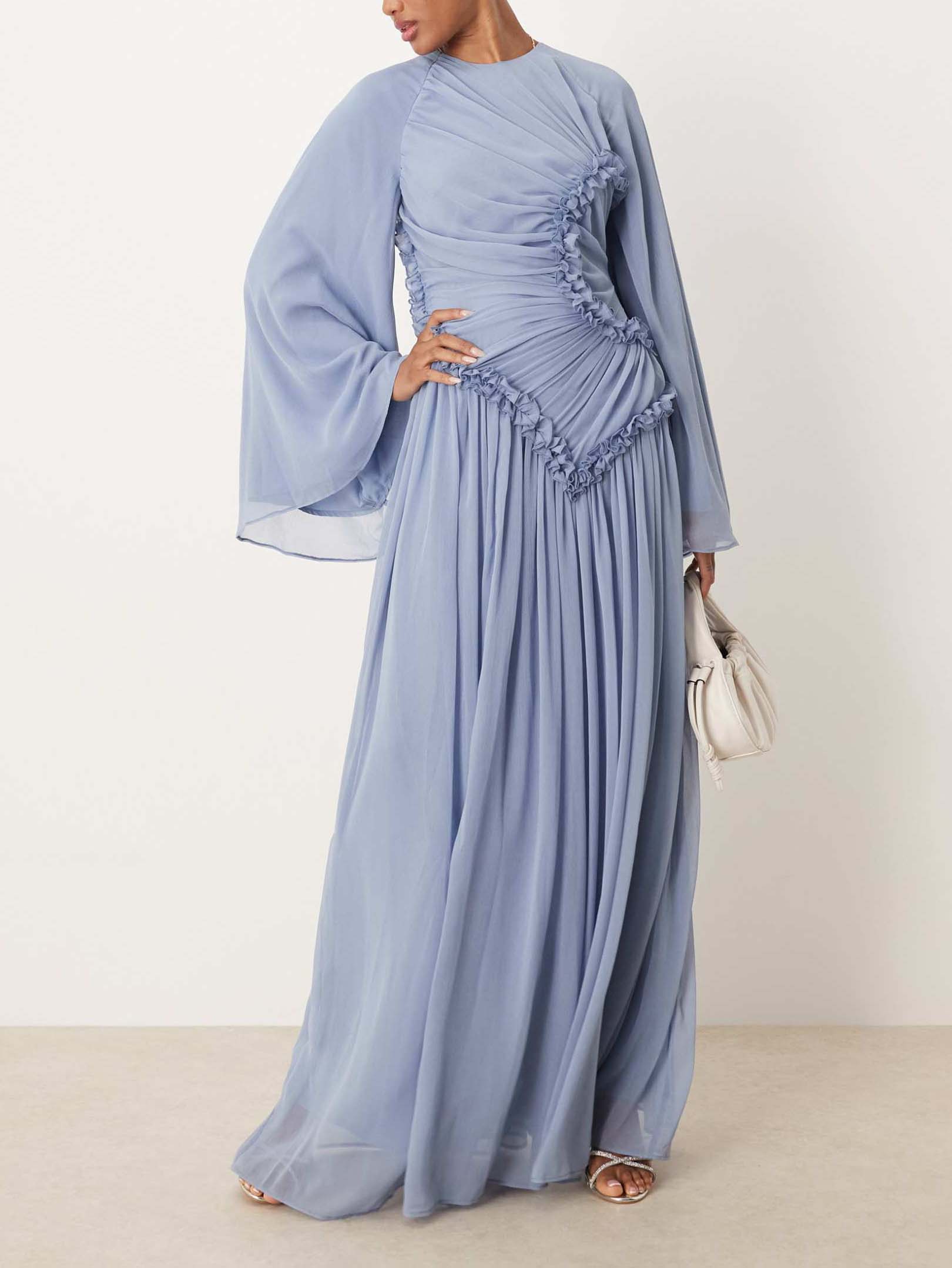 Elegant Pleated Ruffle-Trim Chiffon Maxi Dress Blue