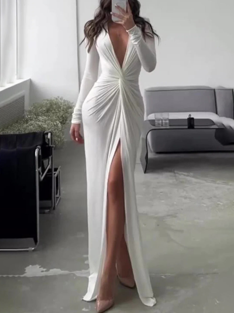 Elegant V-neck Knotted Slit Long-sleeved Knitted Maxi Dress White