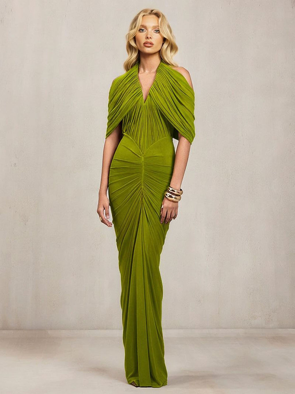 Ruched Draped Cape Sleeve Maxi Dress Green