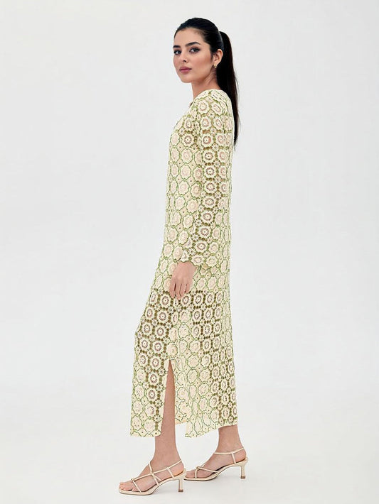 Elegant Long-Sleeve Crochet Lace Maxi Dress