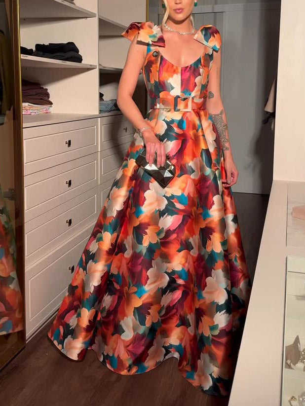 Elegant Floral Print Bow A-line Maxi Dress Multi