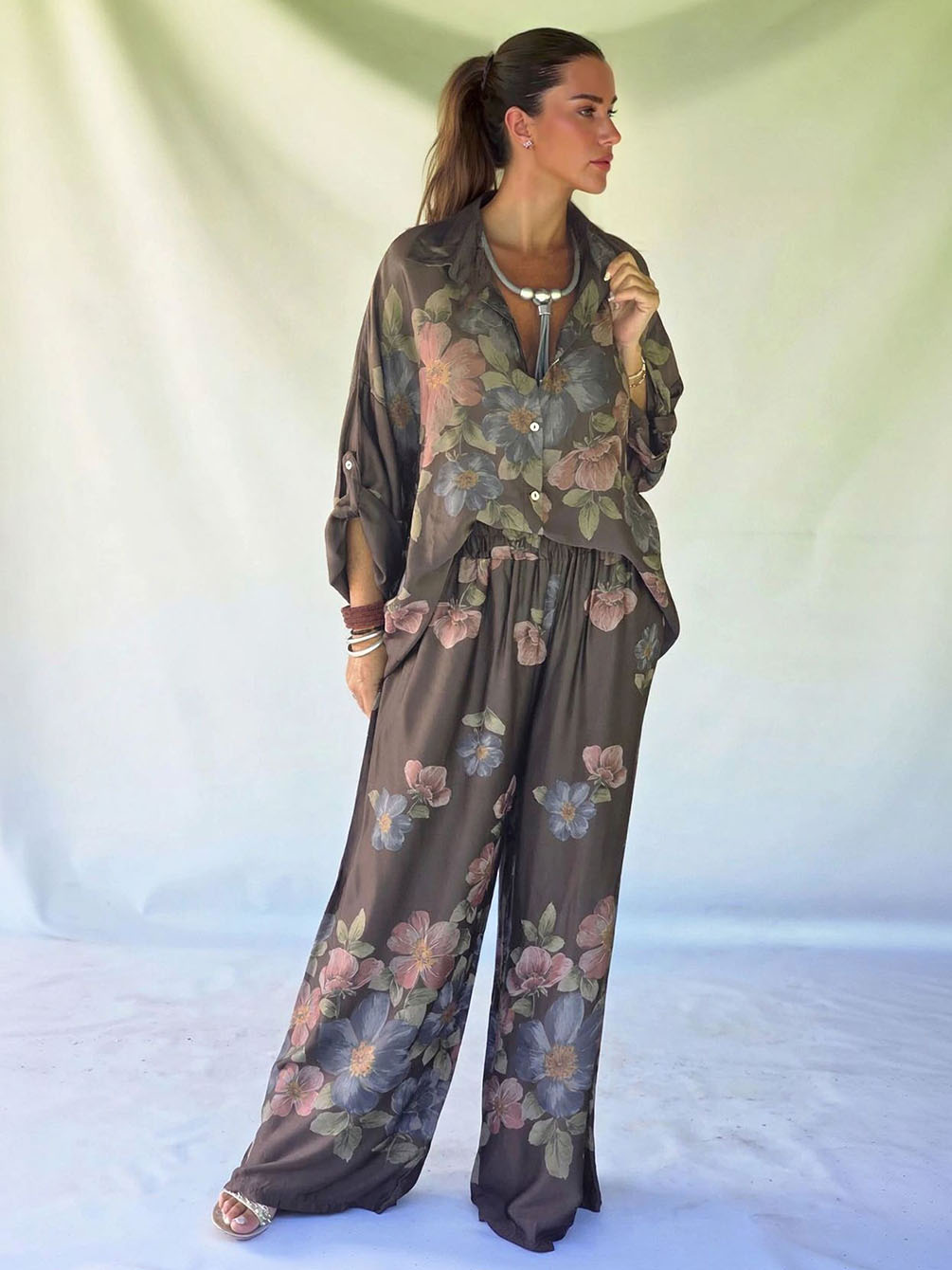 Retro Floral Print Collared Shirt & Elastic Waist Wide-Leg Pants Two-Piece Set Brown Set