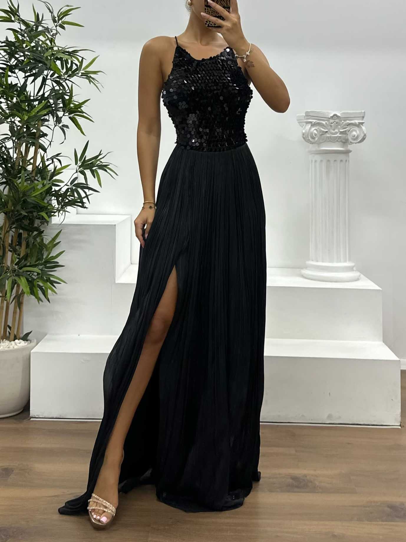 Elegant Sequined Pleated High Slit Maxi Dress Black