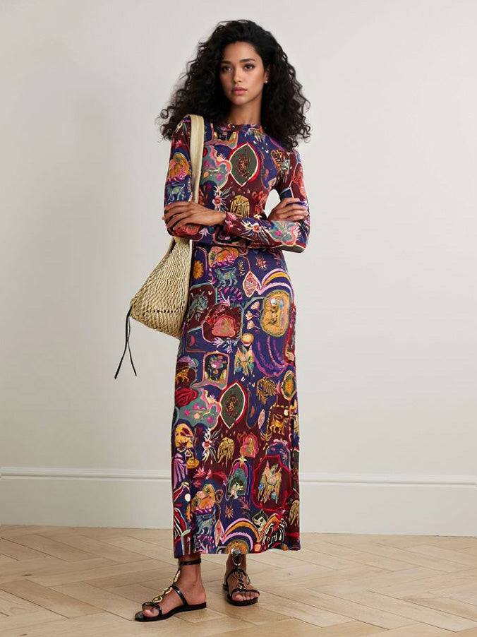 Retro Graphic Print Long-Sleeve Maxi Dress Purple