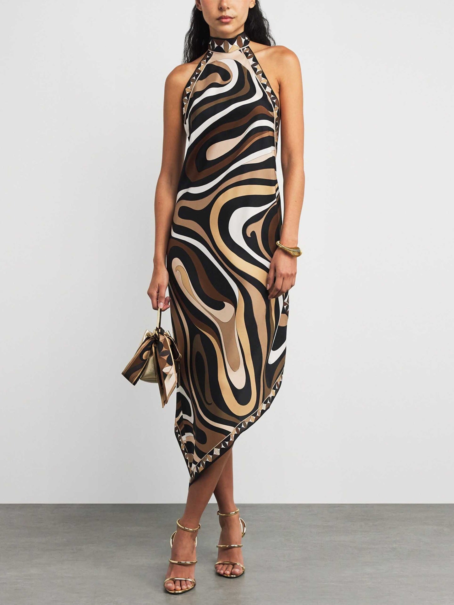 Exquisite Satin Irregular Print Halterneck Midi Dress Brown