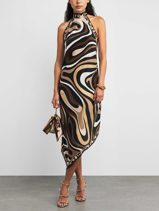 Exquisite Satin Irregular Print Halterneck Midi Dress Brown