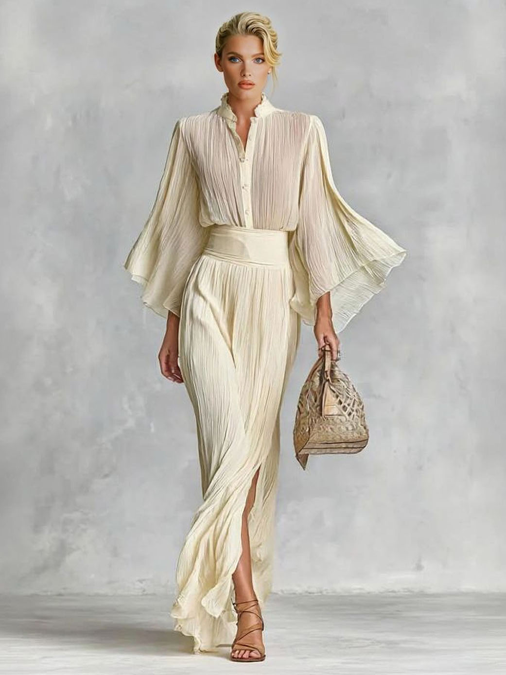Elegant Pleated Top & Skirt Two-Piece Set Cream