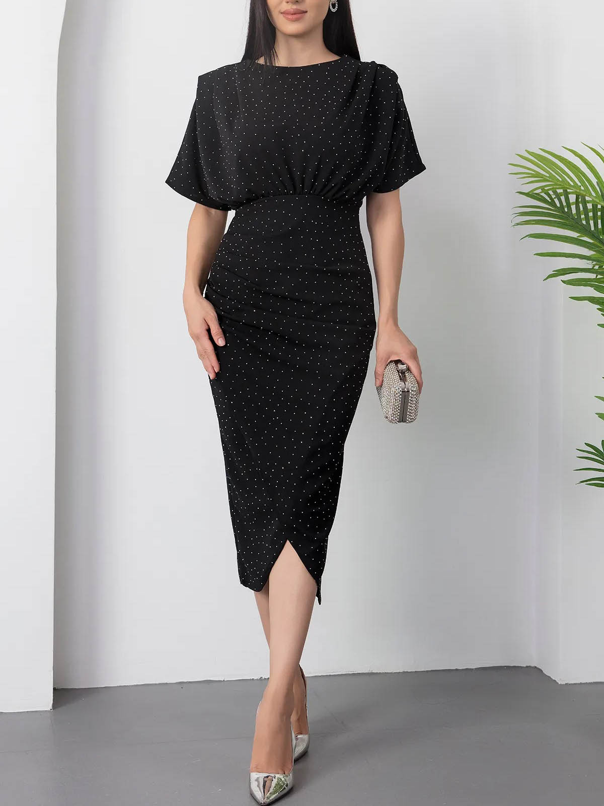 Elegant Round Neck Silver Polka Dot Print Slit Dress Black