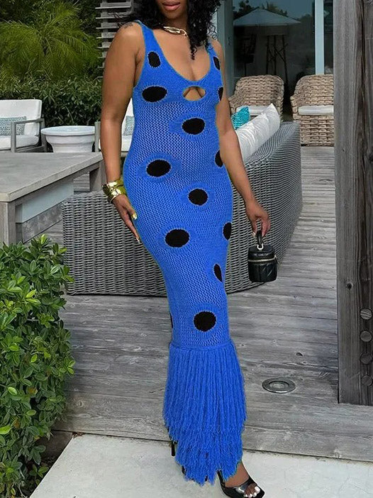 Exquisite Crochet Polka Dot Tassel Maxi Dress Blue