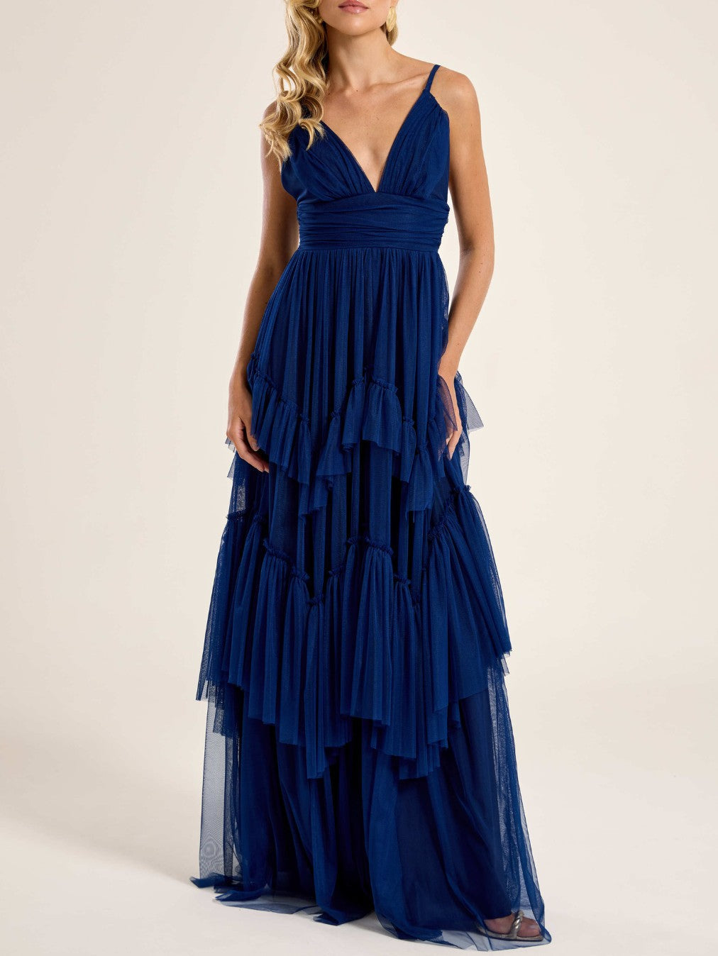 Elegant Deep V-Neck Tiered Tulle Maxi Dress Dark Blue