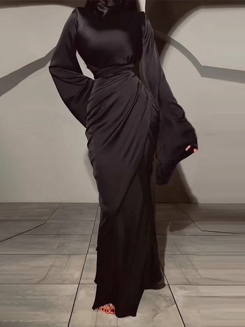 Elegant Satin Draped Long-Sleeve Maxi Dress Black