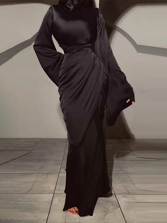 Elegant Satin Draped Long-Sleeve Maxi Dress Black