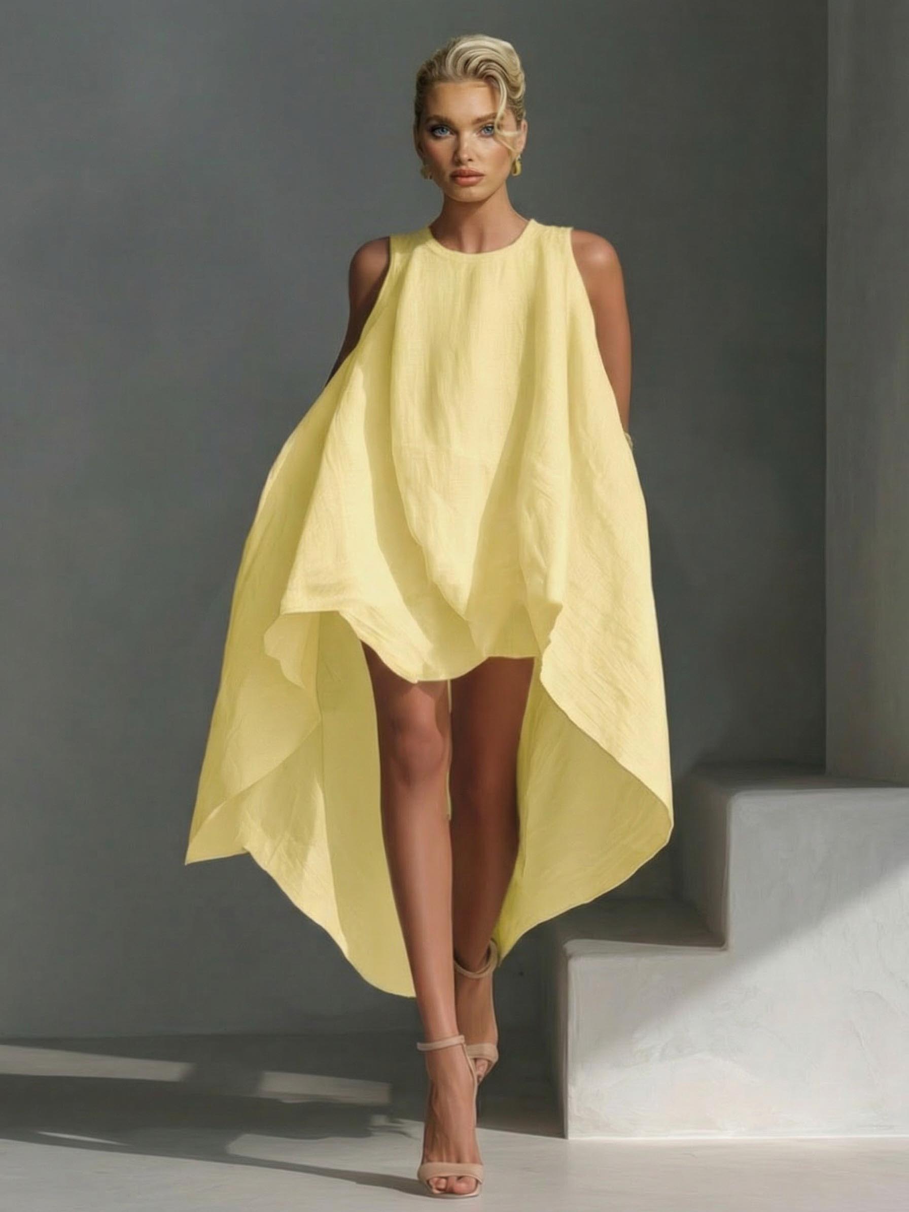 Casual Sleeveless Asymmetrical Hem Midi Dress Yellow