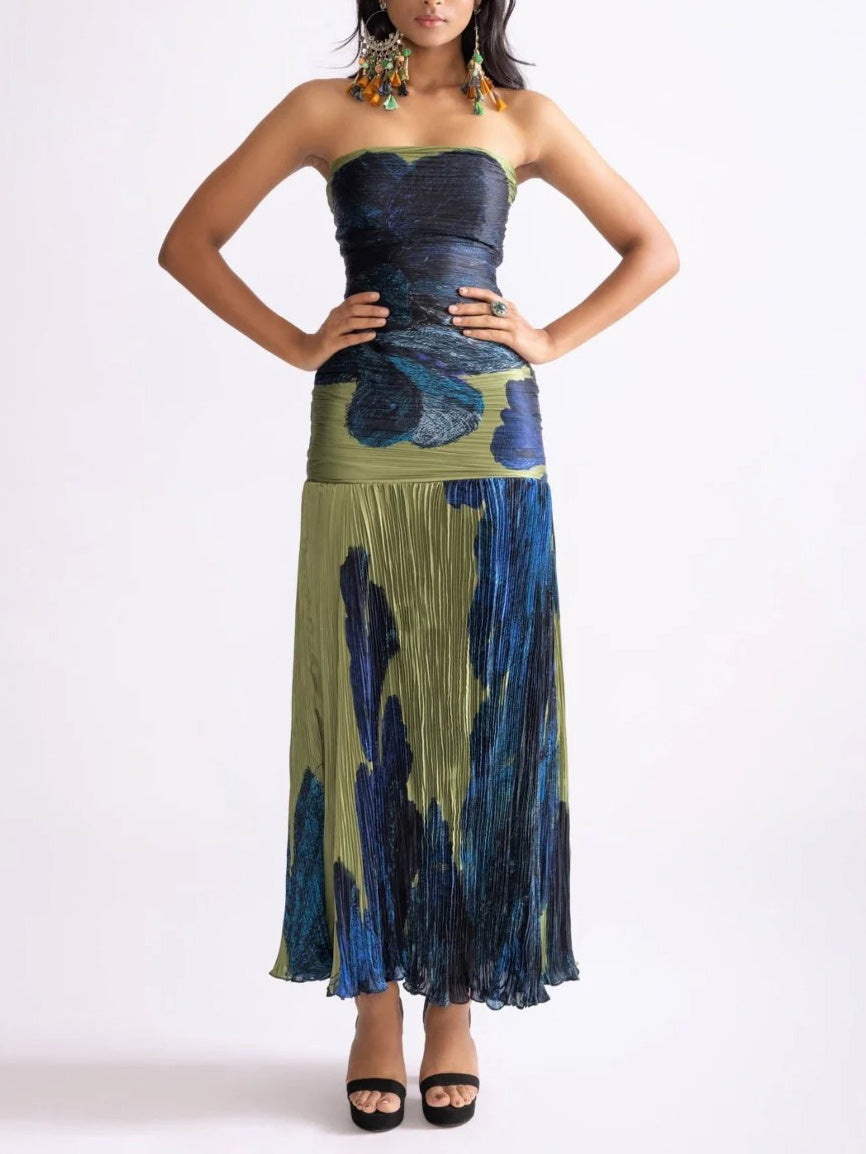 Painterly Floral Print Pleated Off-the-shoulder Maxi Dress Green