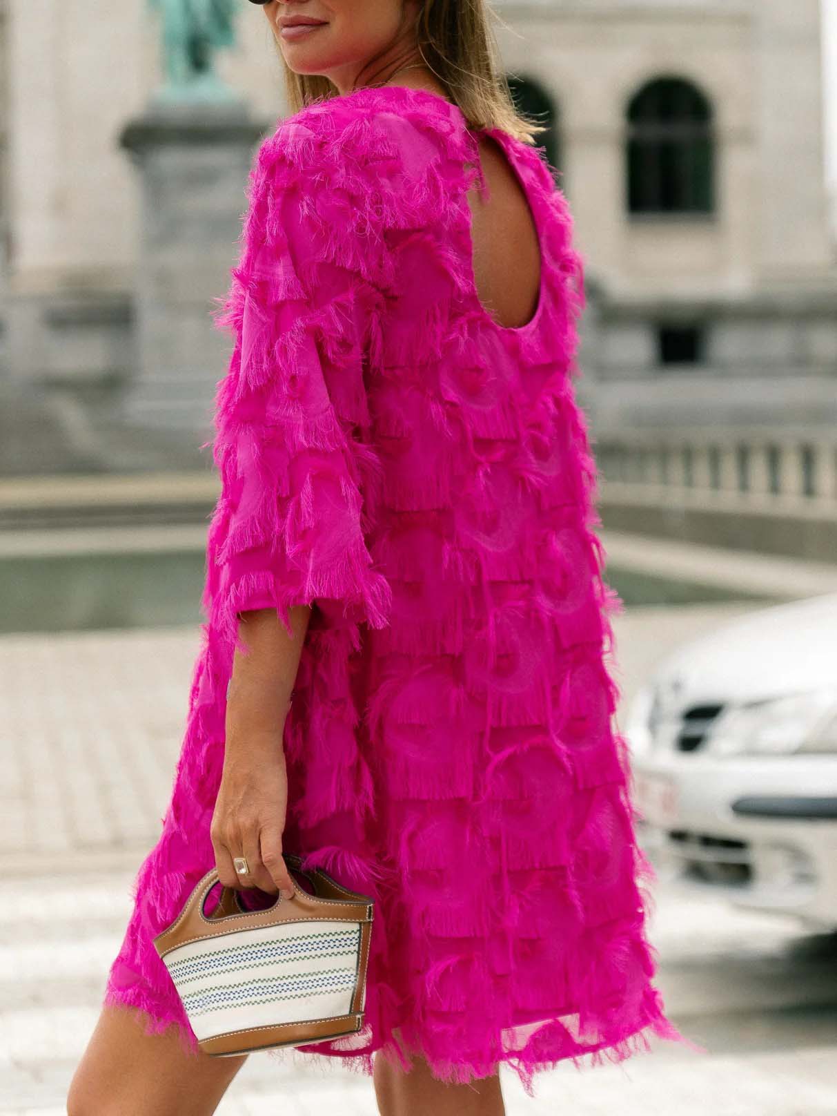 Elegant Fringed Mid-length Sleeve Mini Dress Pink