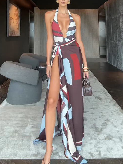 Sexy Holiday Silhouette Floral Print Two-piece Suit Multi