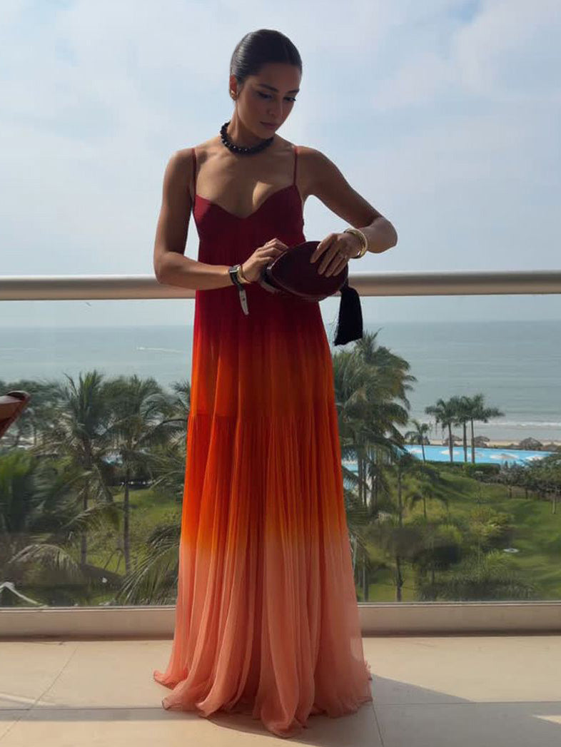 Sunset Gradient Pleated Tiered Maxi Dress Red