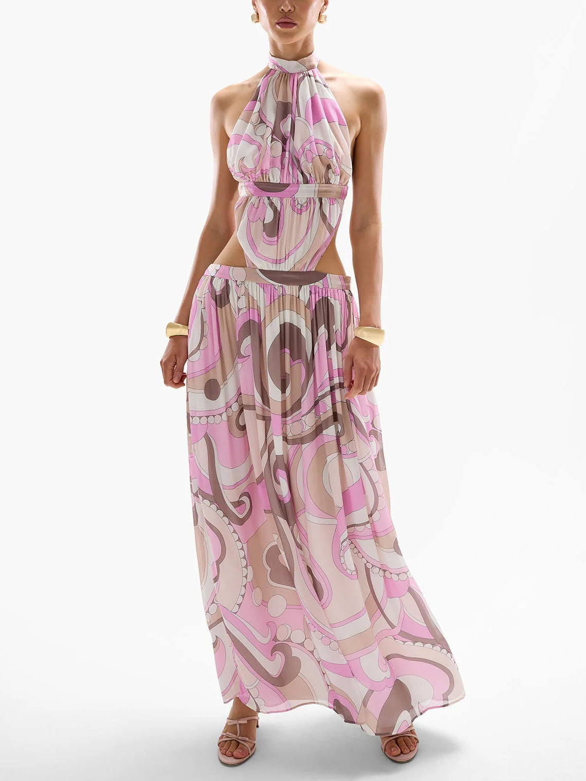 Exquisite Abstract Print Halter Neck Cutout Maxi Dress Pink