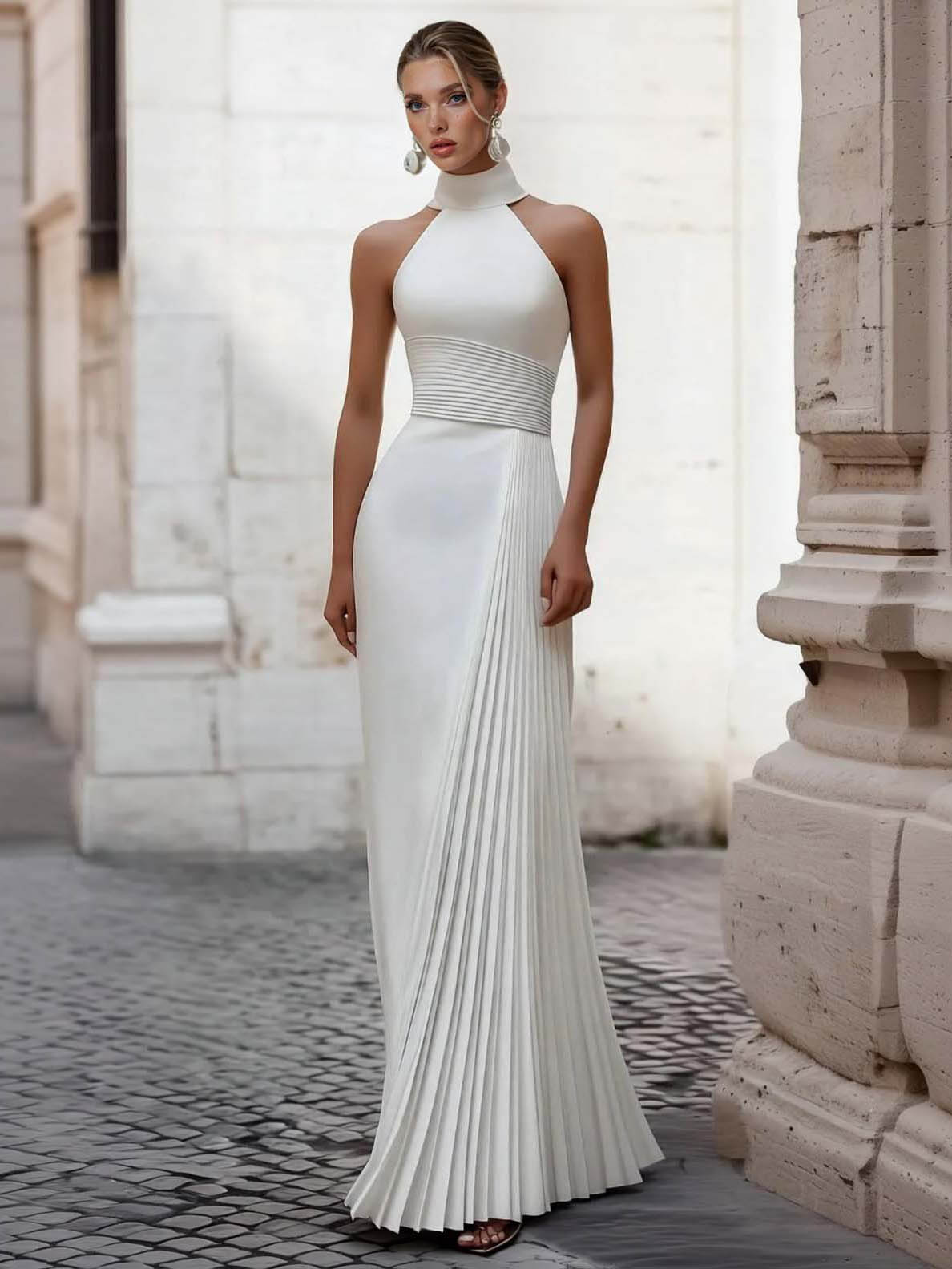 Elegant Halter Pleated Maxi Dress White