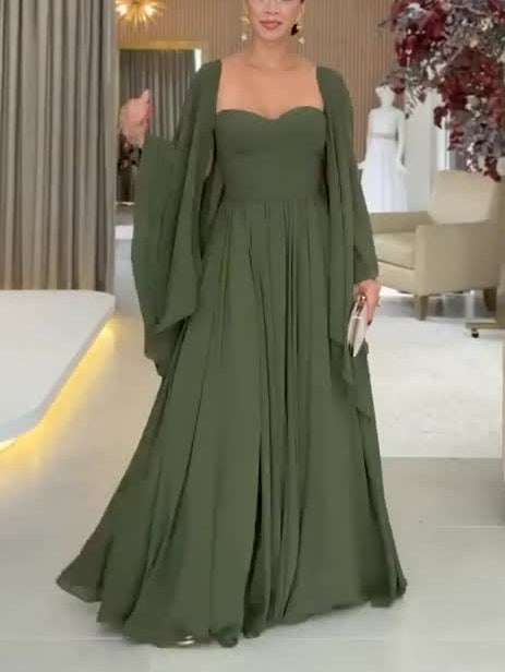 Elegant Asymmetric Sleeve Draped Chiffon Maxi Dress Green