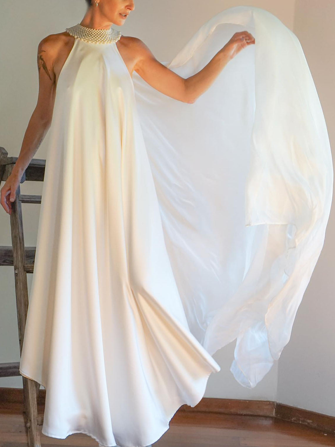 Elegant Pearl Embellished Halterneck Satin Flowy Maxi Dress White