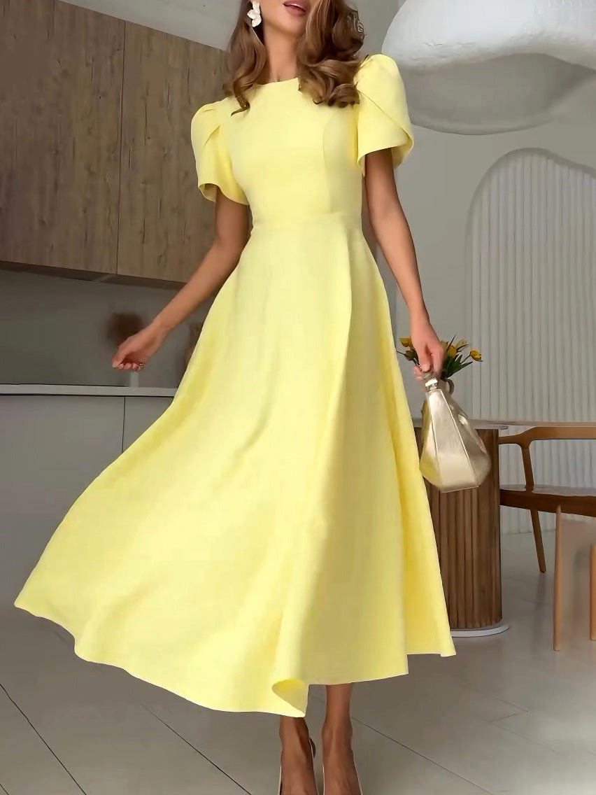 Elegant High-neck Bud Sleeve Midi Dress Yellow