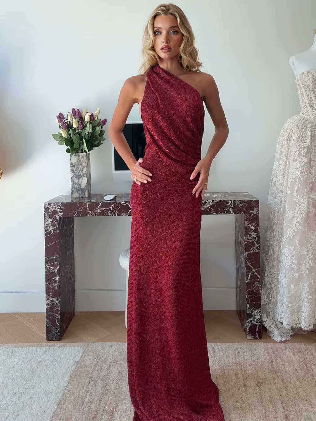 Elegant Metallic Glossy Backless Ruched Evening Maxi Dress Red