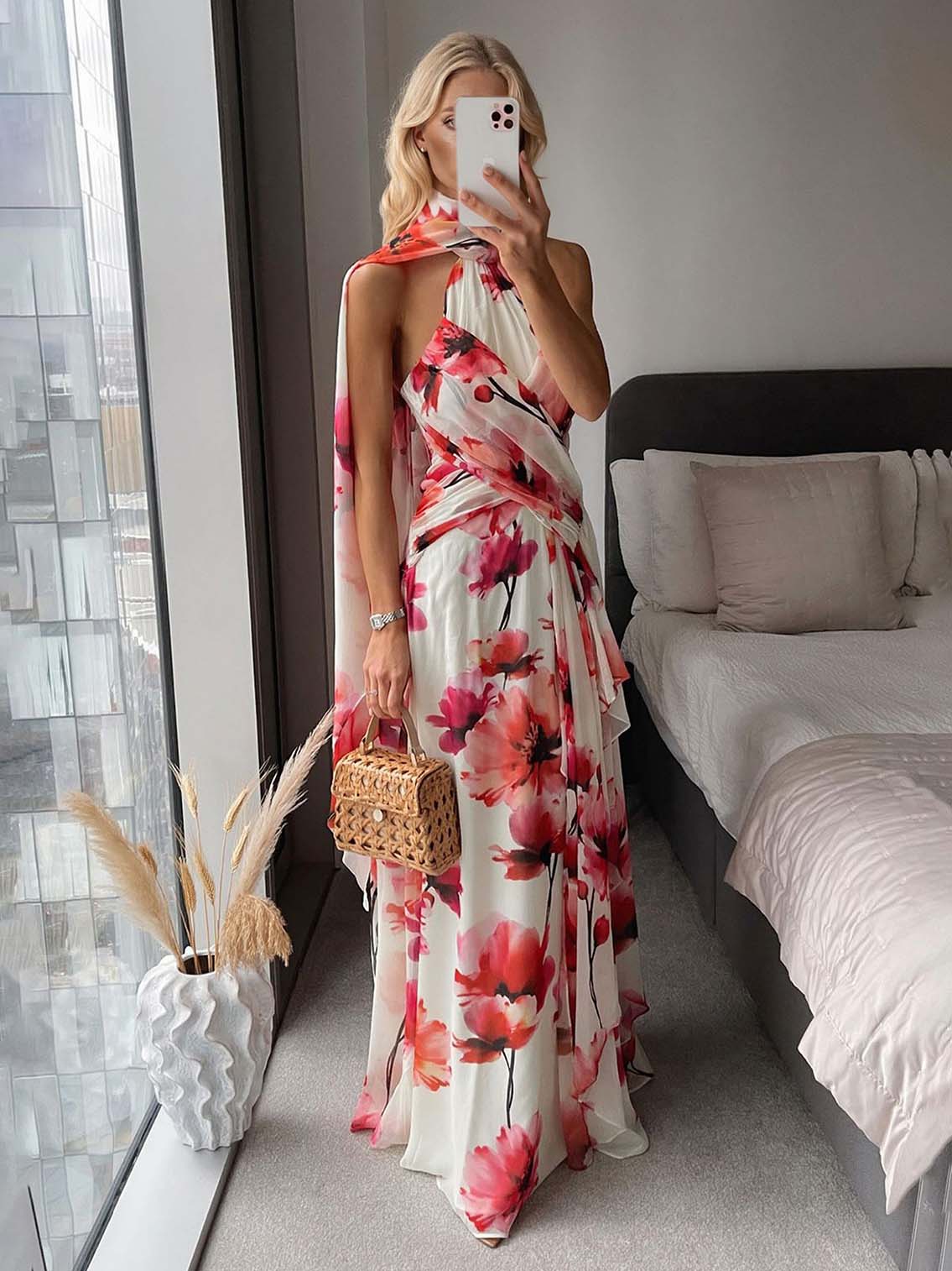 Elegant Watercolor Floral Print Backless Chiffon Maxi Dress Multi