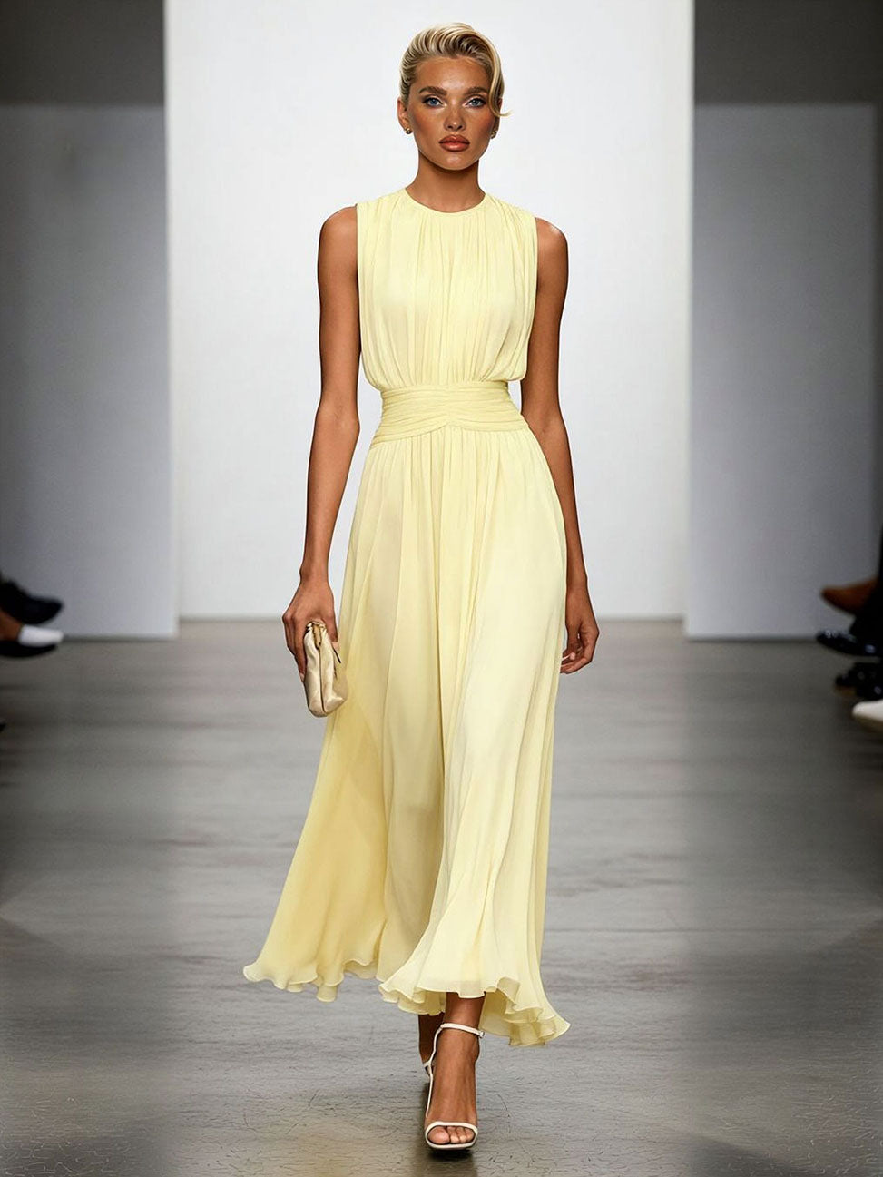 Elegant Sleeveless Pleated Chiffon Maxi Dress Yellow