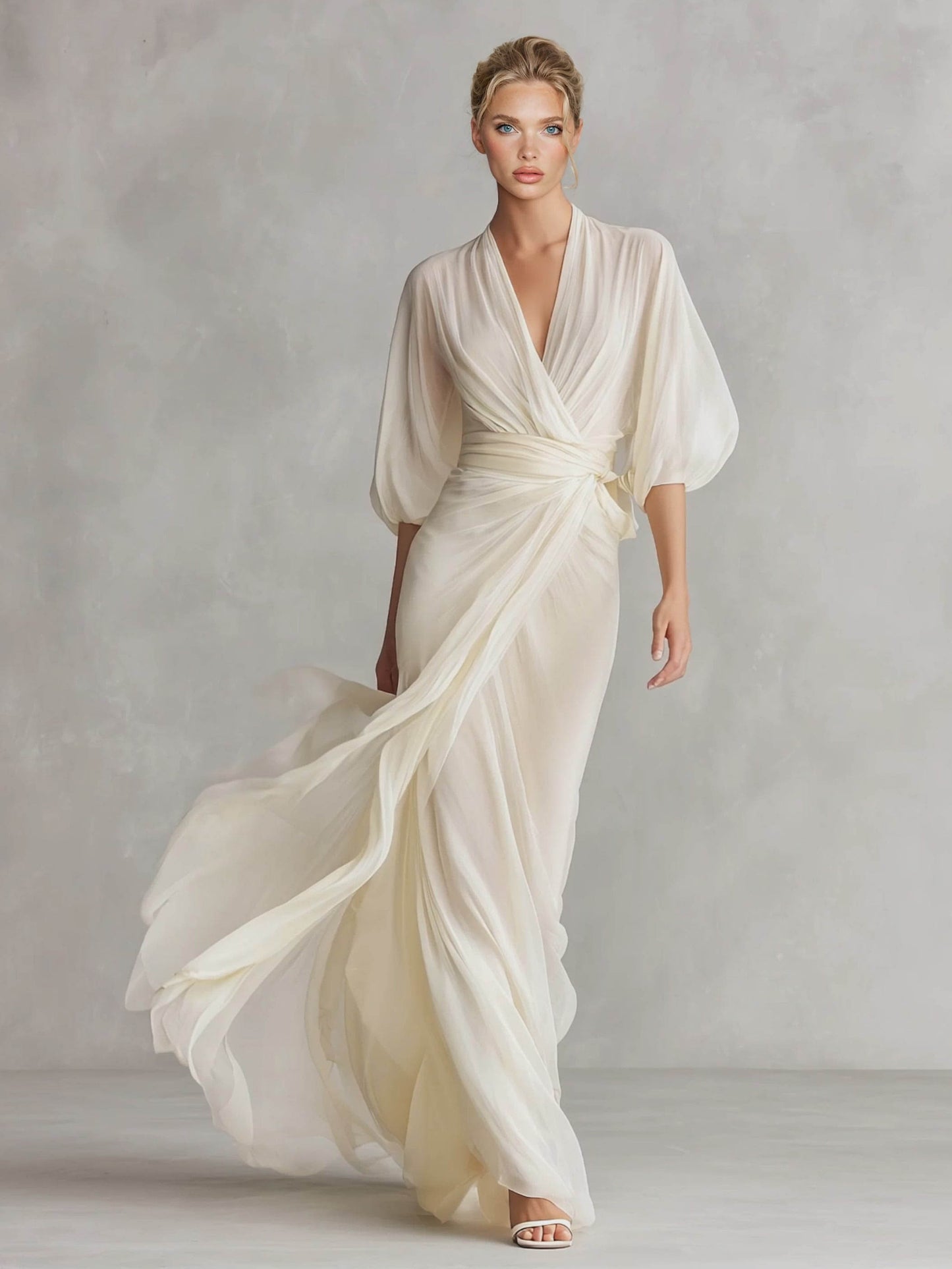 Elegant Chiffon Puff-Sleeve Wrap Maxi Dress Cream
