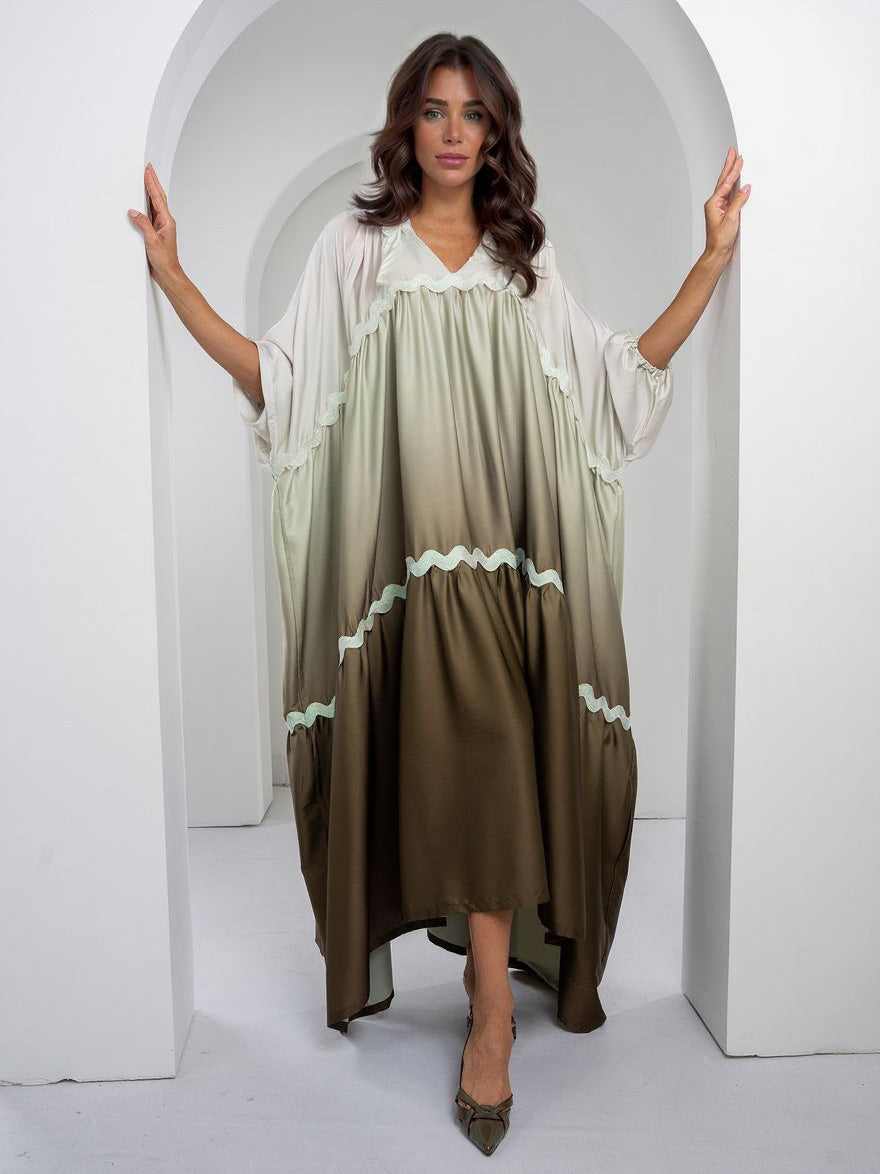 Elegant Satin Gradient Print Maxi Dress Green