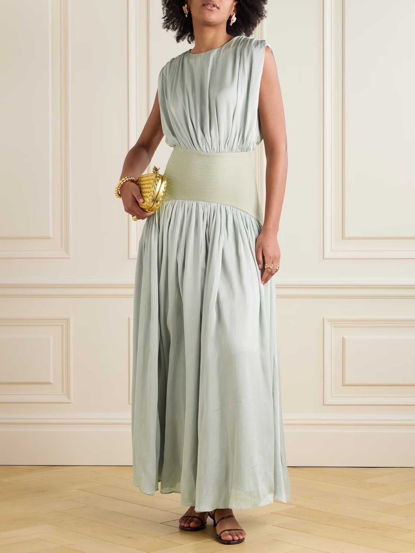 Elegant Wide Belted Pleated Sleeveless Maxi Dress Green