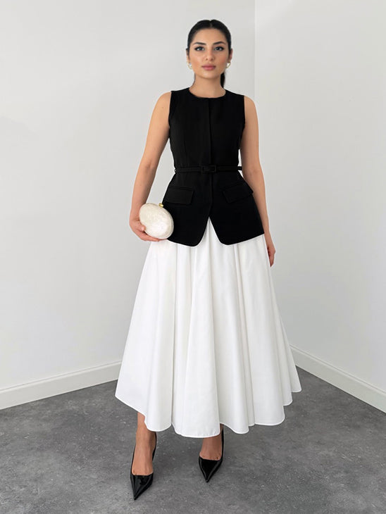 Elegant Sleeveless Vest And White Flared Midi Skirt Two-Piece Set Black
