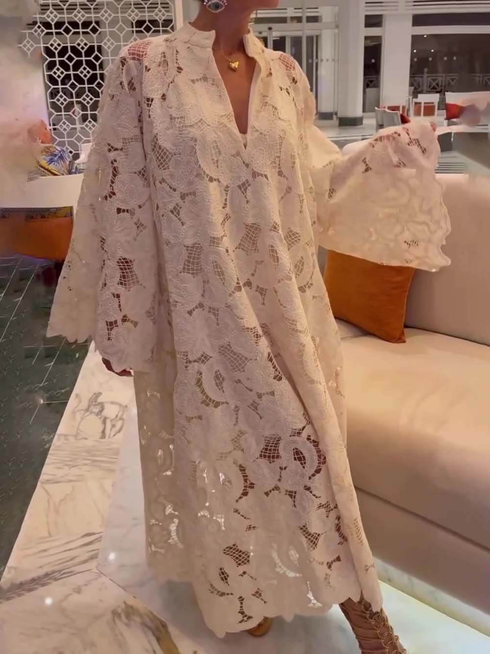 Casual White Long Sleeve Lace V-Neck Dress White