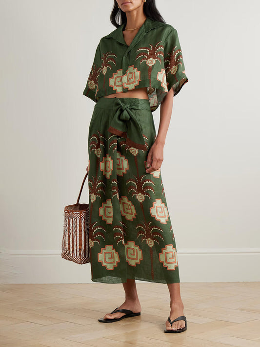 Retro Palm Tree Print Cropped Linen Shirt