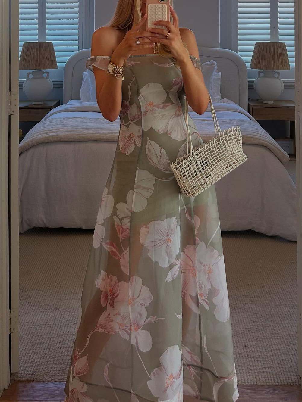 Elegant Off-Shoulder Floral Print Chiffon Maxi Dress Green