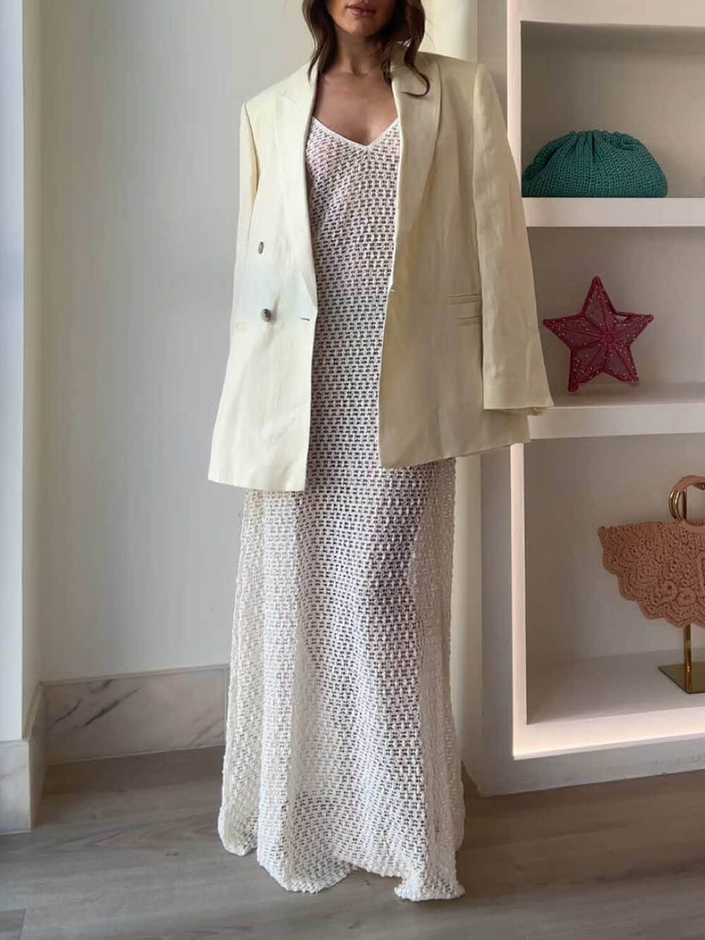 Elegant Crochet Hollow Flared Hem Spaghetti Strap Maxi Dress White