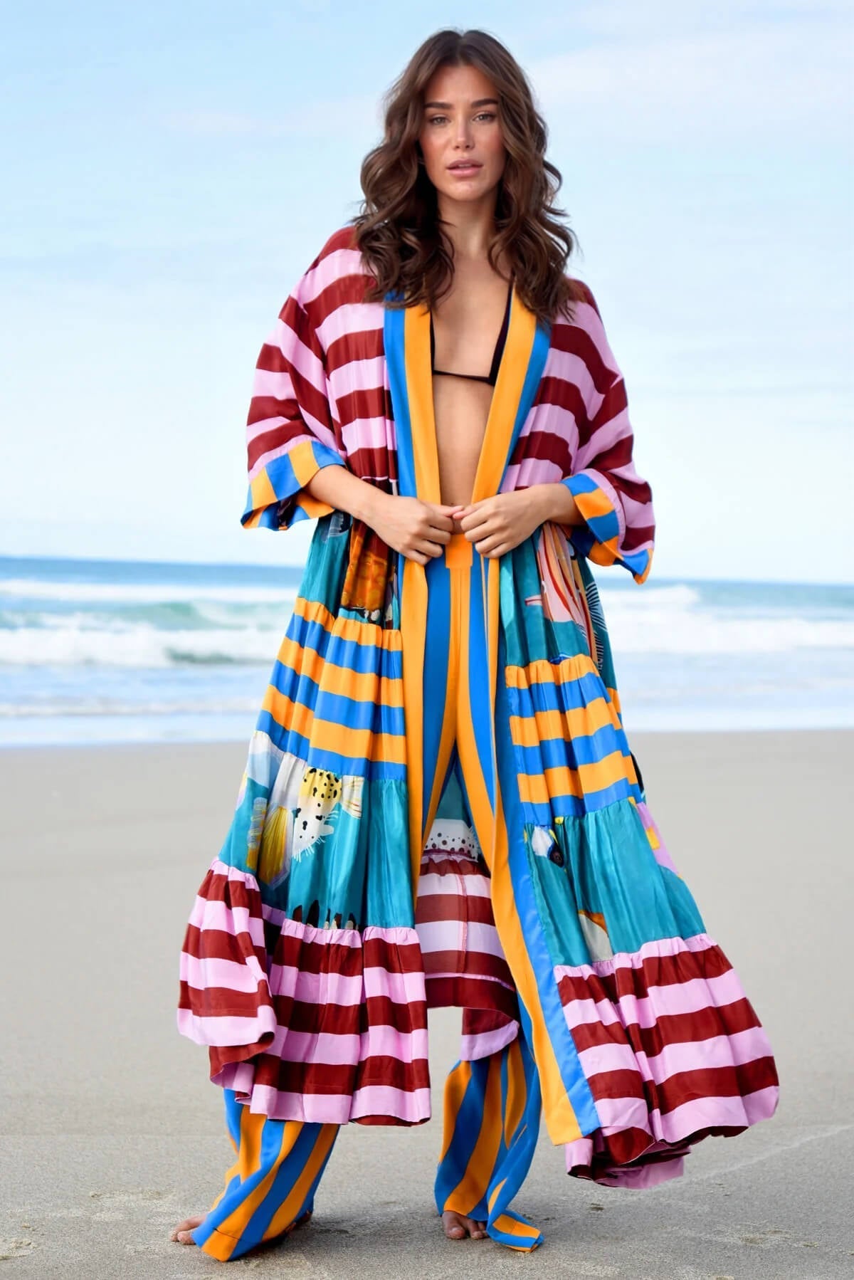 Unique Fashion Striped Print Long Kimono-Style Top Multicolor